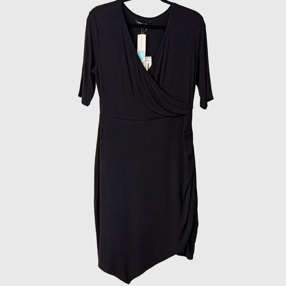 41Hawthorn Dresses & Skirts - 41 Hawthorn Blaise Ribbed Knit Black Dress Large Faux Wrap Modal Midi